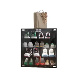 Smart 4-Tier Shoe Cabinet w/ Bluetooth LED Lights & Glass Doors - Adjustable Shelves, Enclosed Storage for Sneakers & Boots, Fits Closet/Hallway (Black)