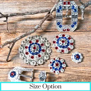 Bright Silver Red - White - Blue Crystal Conchos - Sizes from 1"- 3" and Buckles