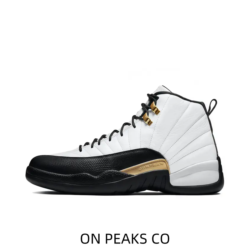 Thick black high-top ankle lining with neat edge piping, flat black woven shoelaces, classic two-tone black-white silhouette decorated with metallic gold hardware