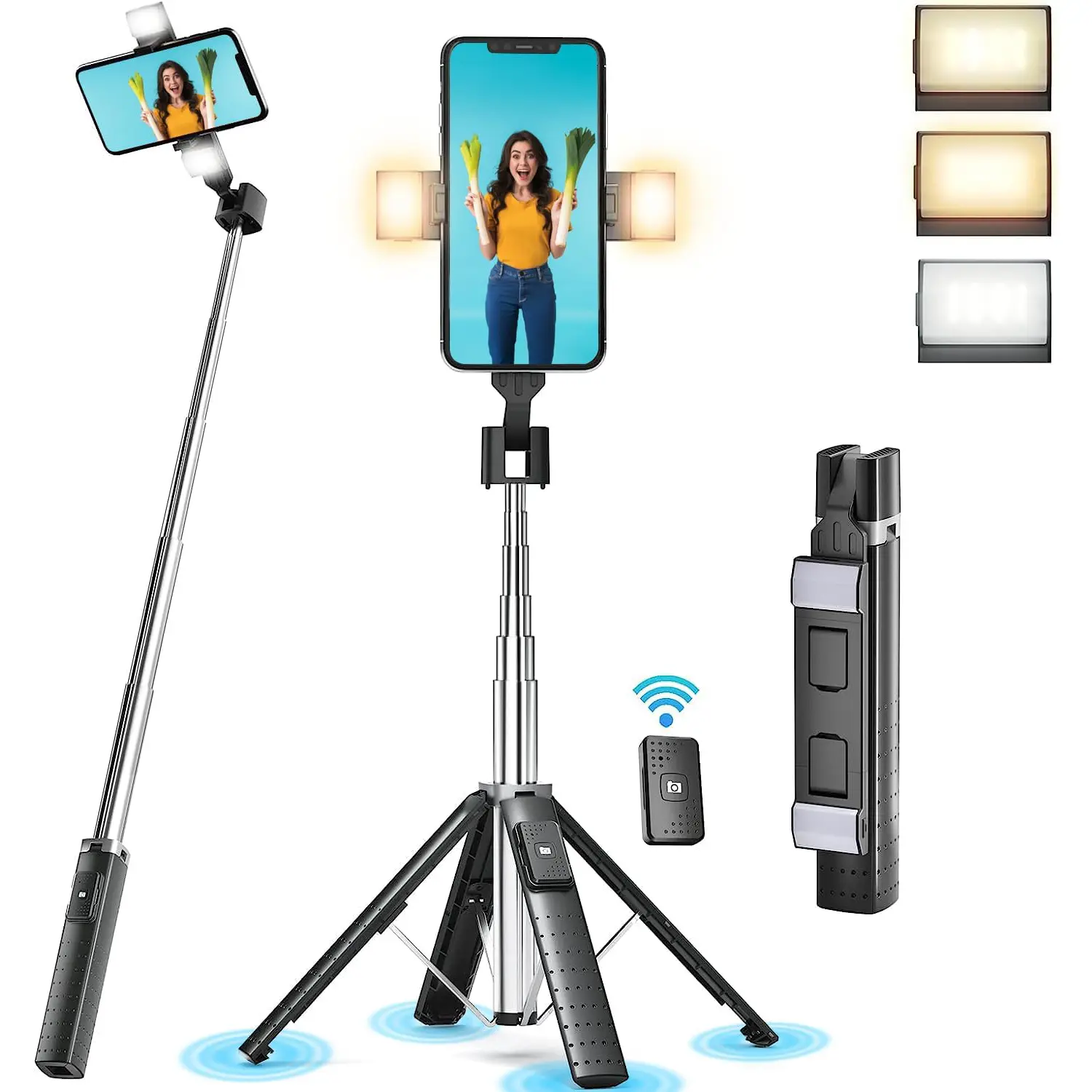41" Smart Selfie Stick Phone Tripod with Dual Fill Lights, Upgraded Quadrapod, Wireless Remote, 3 Light Modes, Hands-Free Shooting Ease for Mobile Live Streaming/Travel, Compatible with iOS/Android