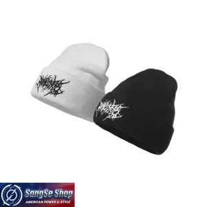 Unisex Gothic Punk Knit Beanie - Solid Color Embroidered Skull Cap, Soft Acrylic Bag Accessory for Autumn Winter Streetwear