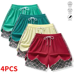Set of 4 women’s summer shorts: double-layer faux two-piece mid-length knit polyester fabric shorts; breathable, quick-drying compression base layer shorts with elastic drawstring waist; suitable for fitness training, casual sports, and running.