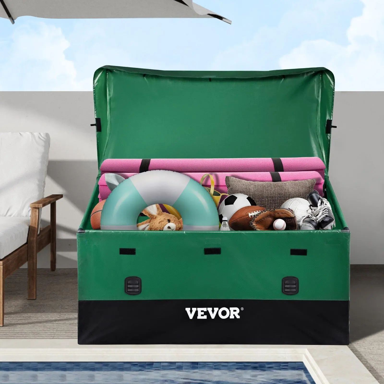 【Auction】VEOVR Outdoor Storage Box, 150 Gallon Waterproof PE Tarpaulin Deck Box with Galvanized Frame, All-Weather Protection & Portable, for Camping, Garden, Poolside, and Yard, Brown & Blue