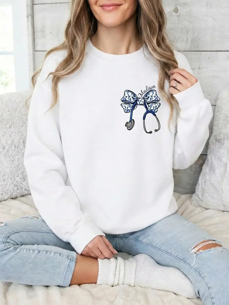 Women's 100% Cotton Custom Name Nurse Stethoscope Bow Sweatshirt - Unisex, Elastic, Love-Infused Hospital Nursing Gift for Daily Casual Wear