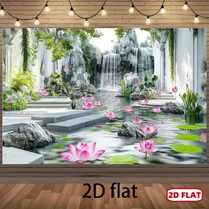 1pc 2D Flat Zen for Lotus Garden 2D Backdrop Banner - Serene Waterfall & for Lotus Flower Scene, Polyester Material, Perfect for Meditation, Yoga, or Home Decor, Tranquil Landscape Wall Art for Indoor Spaces, Ornaments