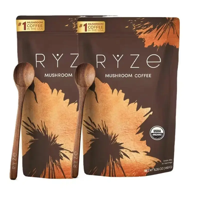 Limited-time sale 2-4 packages of RYZE mushroom coffee, grown locally in the US, certified organic, boosts energy, concentration, digestion and immunity, includes turkey tail, shiitake mushrooms and reishi, 30 servings of vitamins