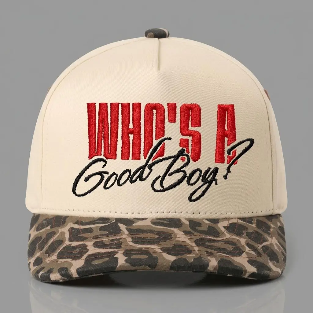 Who’s a Good Boy Embroidered Baseball Hat, Cream Cotton Cap with Red Text and Leopard Print Brim, Adjustable Dog Lover Gift