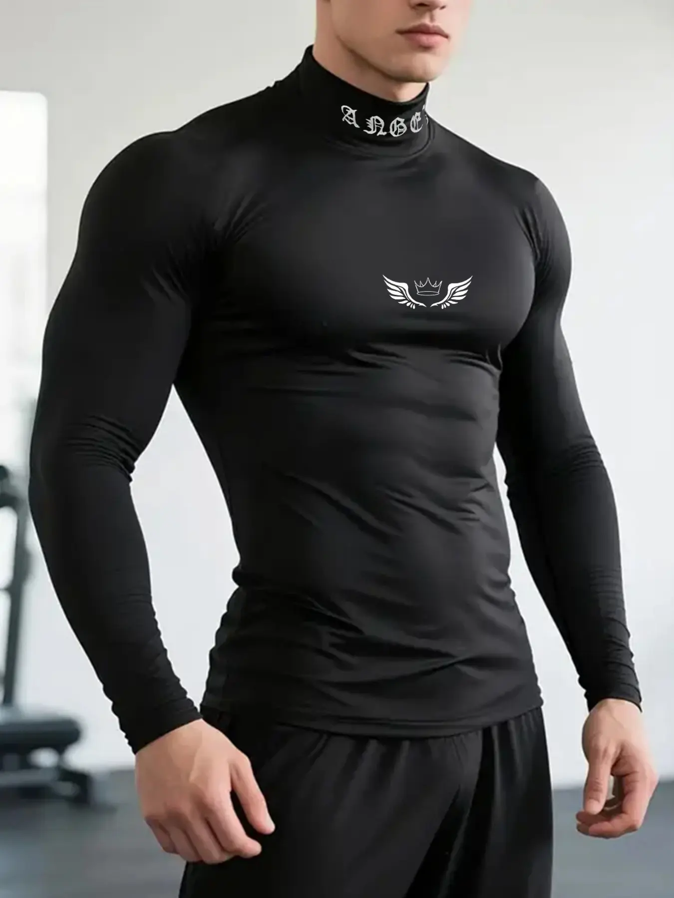 Gothic Logo High Neck Compression Shirt, Quick-Dry Breathable Fabric, Slim Fit, Crown Wings Print, Sporty Casual Wear, Athletic Compression Shirts