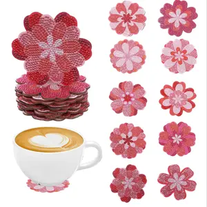 Flower Shaped Pattern DIY Diamond Arts Colorful Painting Coaster Set, Diamond Painting Kits 10 Counts/set DIY Anti-slip Coaster Set, Suitable for Home Kitchen Desk Decoration