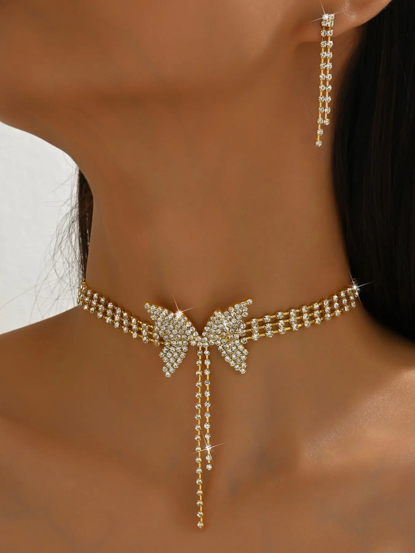 1-piece luxury elegant rhinestone butterfly tassel tennis chain jewelry set, socialite shopping street style jewelry set (1 necklace + 1 pair of earrings)
