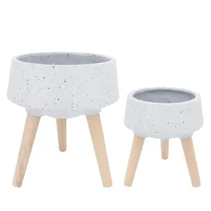 Sagebrook Home Set of Two Gray Speckled Terrazzo Magnesia Planter with Beech Wood Legs