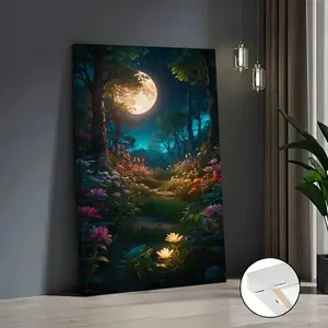 Two-dimensional canvas, wall decoration, suitable for the living room--Moonlight Forest Path oil painting poster canvas, with solid wood frame, wrap-around framed poster, elegant night scene decoration, available in decorative sizes 16x24inch or 24x36inch
