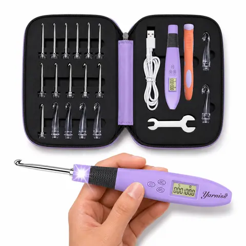 Yarniss Rechargeable Lighted Crochet Set Kit - 18-Size Aluminum Head Digital Hooks (2.0Mm~14.0Mm), Button Control, 7-9H Runtime, Last Stitch Saved, LED Lighting, for Yarn Crafts Projects, Lighted Crochet Hooks