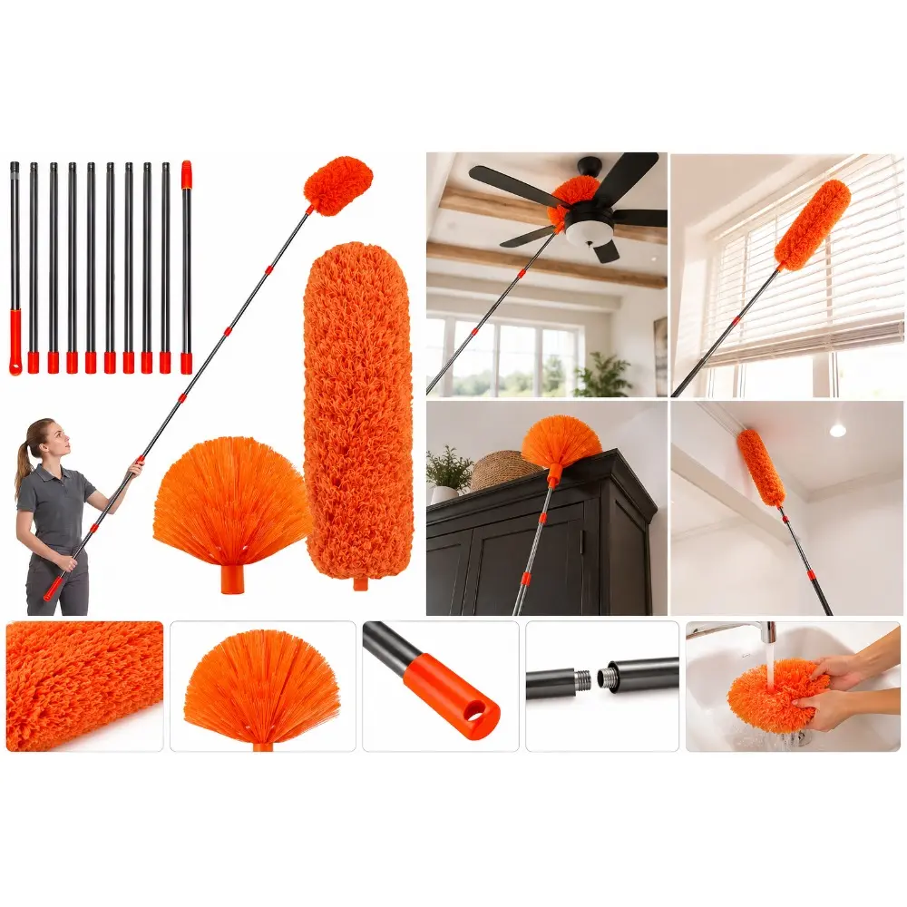 [Local Shipping] 20ft High Reach Duster Kit with 2-14ft Extension Pole, Cobweb Duster and Microfiber Feather Duster with Washable Head for Ceiling Fan, High Ceilings, Blinds, and Furniture Cleaning