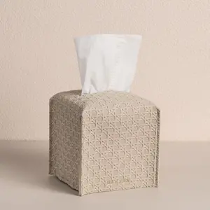 Square Tissue Box Cover - Aesthetic Desk Decor for Room, Home & Office - Tissues Cube Boxes Holder - Lattice Patterns, Light Taupe