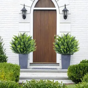 25in Lifelike Look Artificial Cedar Topiary Ball Trees with Ground Spike, 4-Piece Set of Fake Faux Plant Brush, Indoor-Outdoor Home Decor Supplies, Decorative Fruit Leaf Gifts