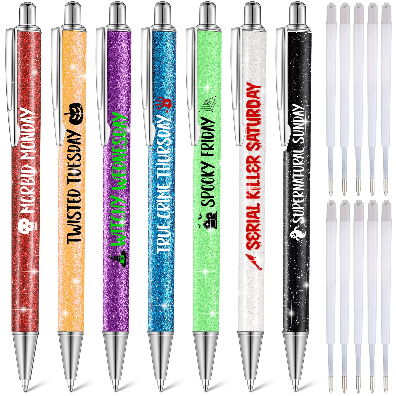 7 Pcs Christmas Halloween Weekday Pens Days of the Week Glitter Ballpoint Pens with 10 Black Ink Refills Fancy Gifts for Colleagues Office Mood Supplies(Horror Color,Spooky)