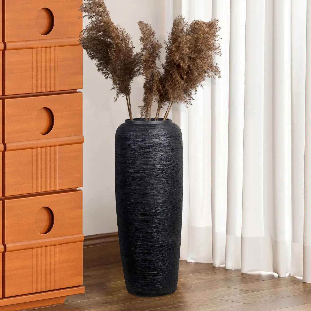 Matte Black Ceramic Floor Vase - Modern Tall Textured Ribbed Stoneware Ornaments, 2 Sizes (50-60cm/24in) with Box, Farmhouse Vintage Home Decor for Pampas Grass Faux Flowers Eucalyptus (Living Room)