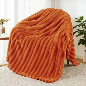 Fleece Throw Blanket for Couch, Soft Striped Bed Blanket, Lightweight Fuzzy Cozy for All, 50x60 Inches, Burnt Orange