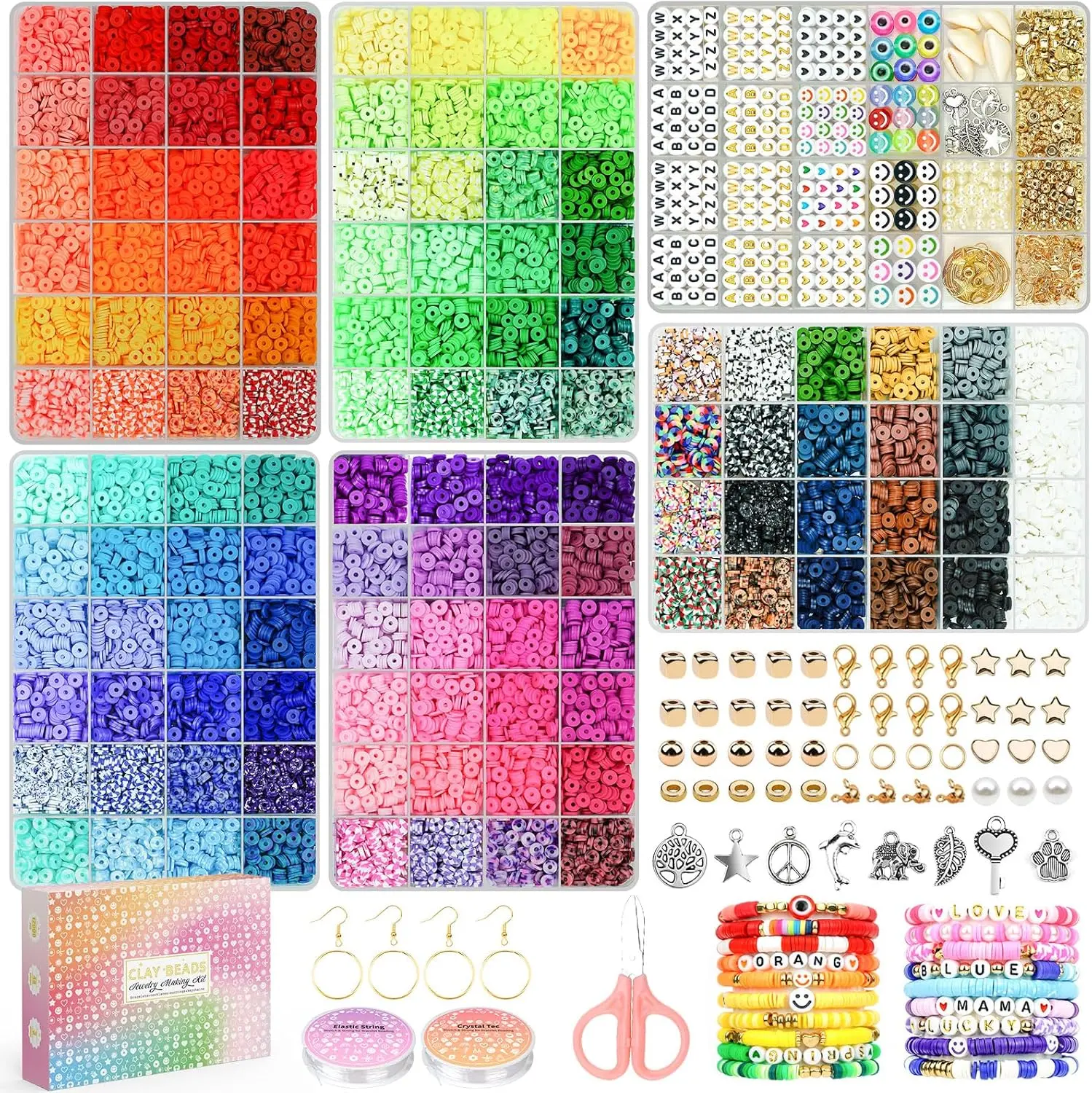 Summer Gift 20,000 Pcs Clay Beads Bracelet Making Kit, 120 Colors 6 Boxes Polymer Beads Spacer Heishi Beads & Jewelry Kit with Pendant Charms Elastic Strings, Crafts Gift for Kids Adults