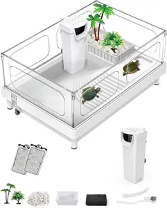 Small Turtle Tank with Filter, Turtle Aquarium,  Turtle Terrarium with Basking Platform, Bottom Drainage, Multi-Function Areas for Turtles, Crayfish, Small Reptiles.(Tank+Filter)