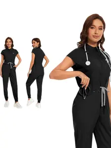 Women Slim Fit Sleeveless Scrubs With Stand Collar High Quality For Nurse Doctor Beauty Salon