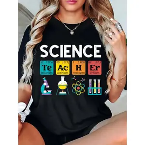 Women's Science Teacher Periodic Table Elements (Te Ac H Er) Lab Tools Graphic T-Shirt, Back to School Teacher Appreciation Casual Tee 100% Cotton T-shirt