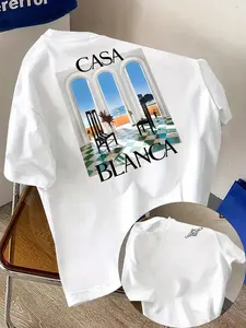 American High Street Sea Arch Print Short Sleeve T-Shirt, Men's Summer Fashion Loose Drop Shoulder Casual Top, Trendy Graphic Tee