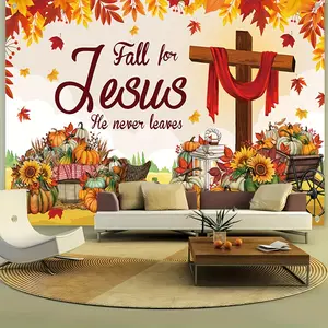 Thanksgiving Autumn Atmosphere Decoration Background Banners - Cross Pattern, Bible, Pumpkin, Trolley, Birthday Table Decors Background, Party Supplies, Baby Shower Banner, Photo Booth Props, Indoor & Outdoor Decoration