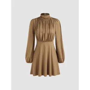 Cider [size 0-10] High Neck Solid Ruched Zipper Mini Dress