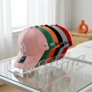 1 baseball cap organizer; no assembly required; acrylic cap rack for 7 caps; display stand for caps; transparent cap rack suitable for wardrobes, bedrooms, vanities, offices, and retail stores