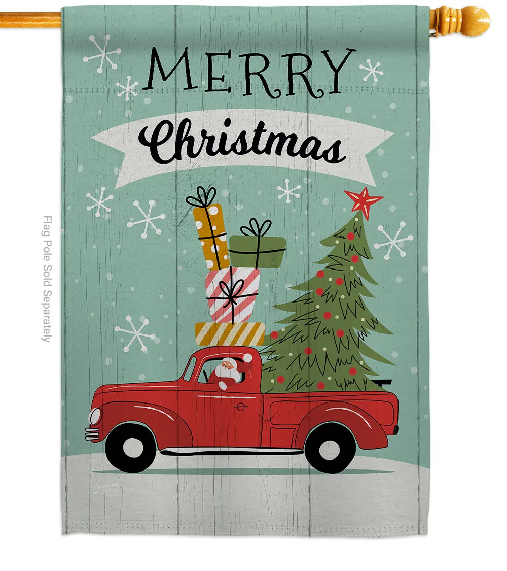 28 x 40 in. Santa Red Truck House Flag with Winter Christmas Double-Sided Decorative Vertical Flags Decoration Banner Garden Yard Gift