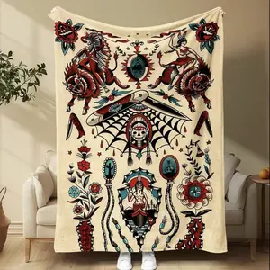 American Traditional Tattoo Blanket, Indian Elements & Old School Pattern, Vintage Flannel Throw, Artistic Warm Decorative Cover