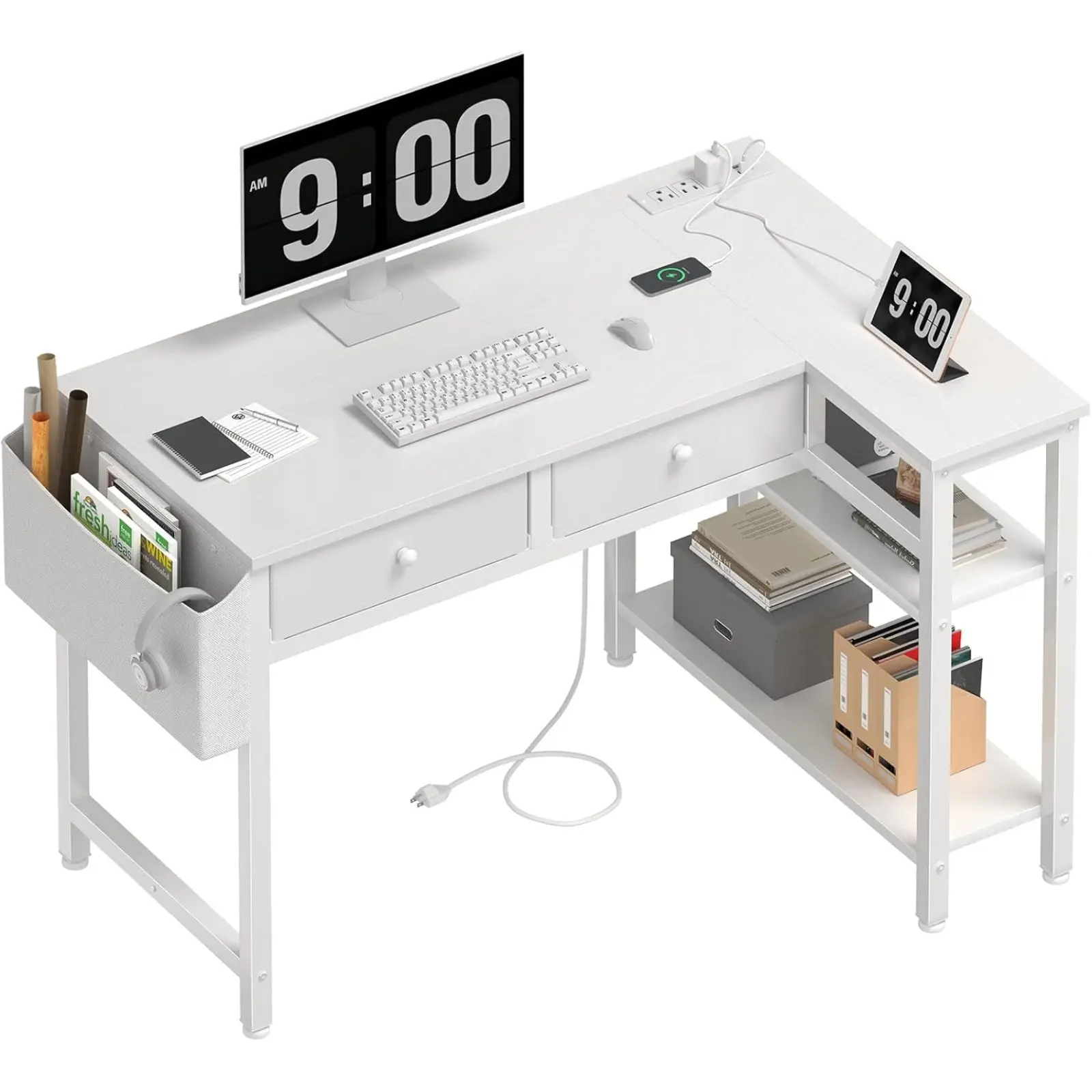 White L Shaped Desk with Drawers & Storage Shelves, 40 Inch Small Corner Desk with Power Outlet for Small Space Home Office, Study Work PC Desks for B