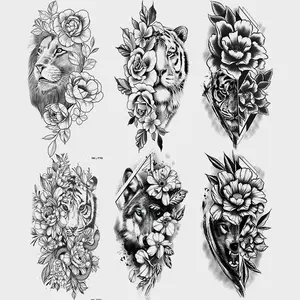 6 Sheets Lion Floral Temporary Tattoo Stickers, Realistic Design Waterproof Body Art for Men Women Legs Back Arm Party Accessories