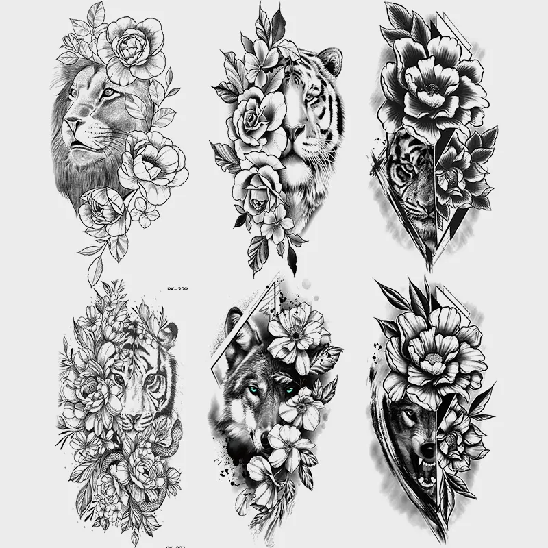 6 Sheets Lion Floral Temporary Tattoo Stickers, Realistic Design Waterproof Body Art for Men Women Legs Back Arm Party Accessories