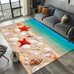 2D Beach Starfish Seashell Flannel Area Rug - Ocean Sandy Shore Print Soft Mat for Living Room & Bedroom, Non-Slip Coastal Home Decor #BeachRug #StarfishSeashellMat #CoastalHomeDecor #OceanSandyCarpet #NonSlipFlannelRug