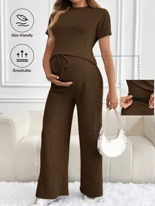 Maternity Solid Color Short Sleeve Shirt & Tie Waist Pant Casual Outfit Set for Spring Summer