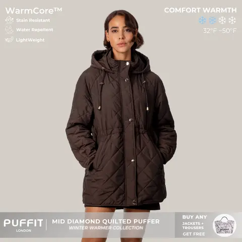 PUFFIT WarmCore Premium Mid-length Diamond Quilted Drawstring-waist PUFFER Style,Classic Diamond Pattern,Waist-cinching Lightweight Cotton Jacket,High-density Integrated Quilting Lightweight,Comfortable For Commuting,Fall,Winter,2026 Shopping