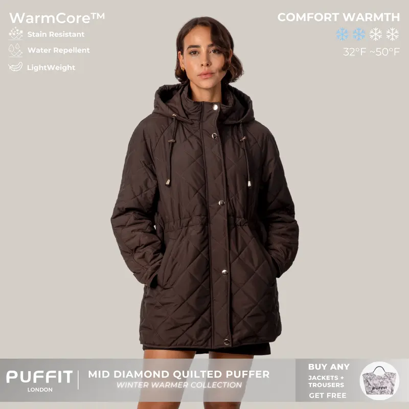 PUFFIT WarmCore Premium Mid-length Diamond Quilted Drawstring-waist PUFFER Style,Classic Diamond Pattern,Waist-cinching Lightweight Cotton Jacket,High-density Integrated Quilting Lightweight,Comfortable For Commuting,Fall,Winter,2026 Shopping