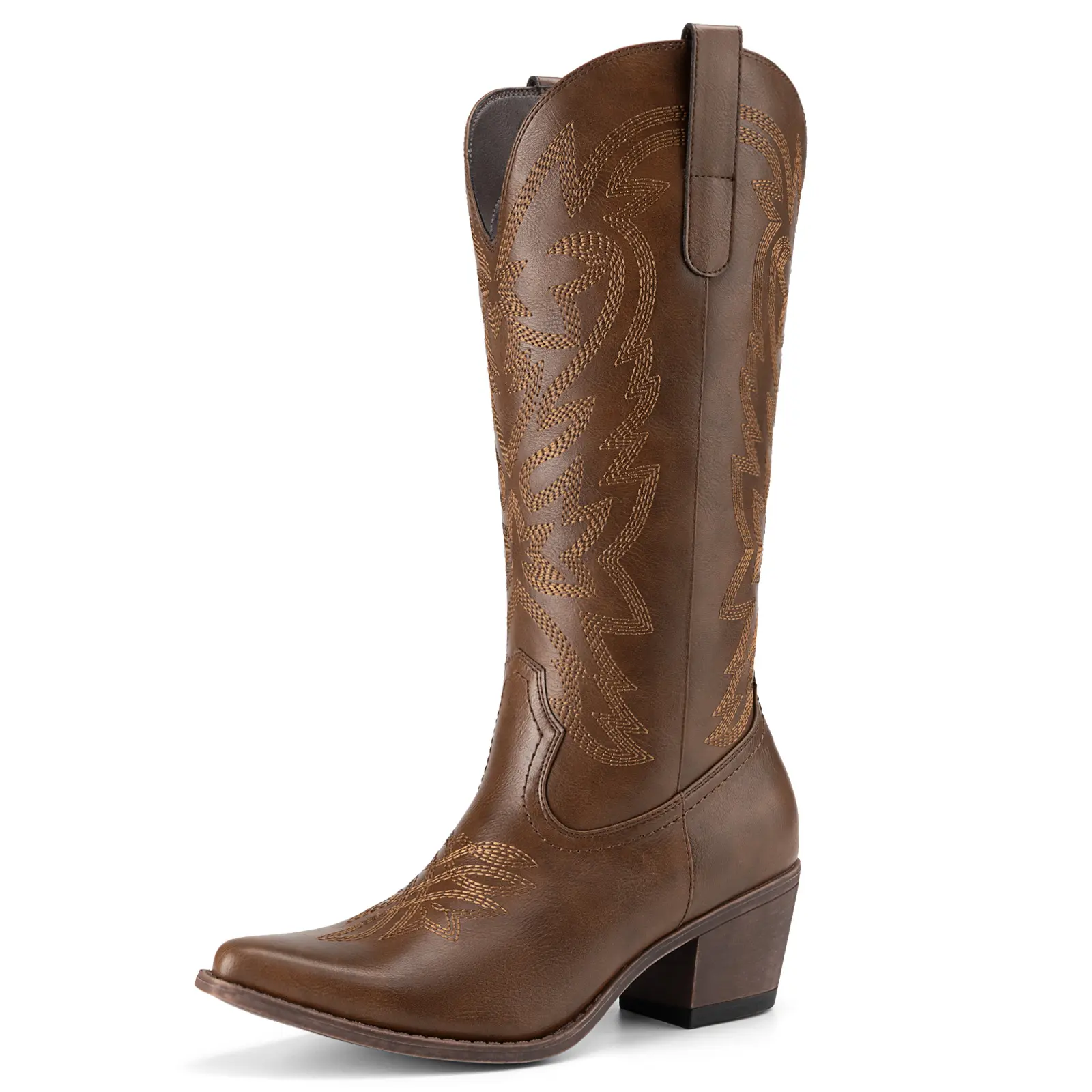 Athlefit Women's Comfy Padded Stylish Western Cowboy Cowgirl Boots - Low Chunky Heel, Snip Toe, Embroidered Design, Mid Calf Shoe, Cowboy Aesthetic Fashion Footwear