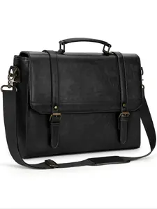 Men's Vintage Solid Color Briefcase, Waterproof Large Capacity Briefcase Fits 15.6 Inch Laptop, Retro Shoulder Strap Bag for Office Business Travel College