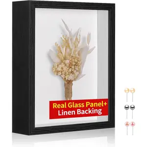 8x10 Black Deep Shadow Box Picture Frame Display Case with Real Glass Panel Soft Linen Back, Shadow Memory Box for Flower Baby Pet Wedding Photo Craft Memorial Gift