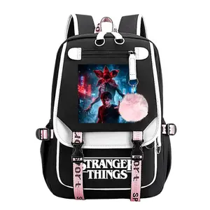 Stranger Things Trendy Youth Laptop Backpack,11.4''×18.1'' Large Capacity Multi Pocket School Bag with Pom Pom Charm, Adjustable Breathable Straps Perfect Back To School Gift