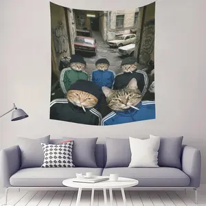 Gopnik Cats Tapestry - Funny Slavic Meme Wall Decor, Viral Cat Gang Aesthetic for Bedroom & Dorm outdoorfun