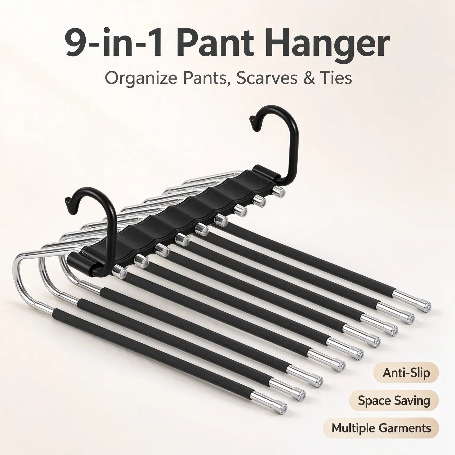 9-in-1 Pant Hanger Multi Layer Closet Organizer, Anti-Slip Multi-Purpose Hanging Rack for Pants, Scarves, Ties, Space Saving Wardrobe Storage Holder