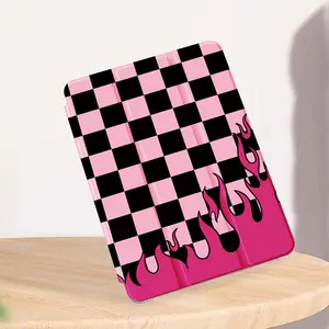 Checkerboard & Flame Pattern Tablet Case, Auto Sleep/Wake Tablet Protective Cover, Tablet Protector for iPad 7/8/9th 10.2-inch, Samsung / Huawei / Lenovo Tab / Mi, Accessories, Protection