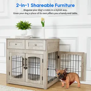 Garvee Modern Rustic Dog Crate Furniture - 40 Inch Wooden Indoor Kennel with 2 Drawers & 3 Doors | Pet House End Table with Built-in Stainless Steel Bowls | Heavy Duty Decorative Dog Cage for Living Room | Space-Saving Furniture for Medium Large Dogs