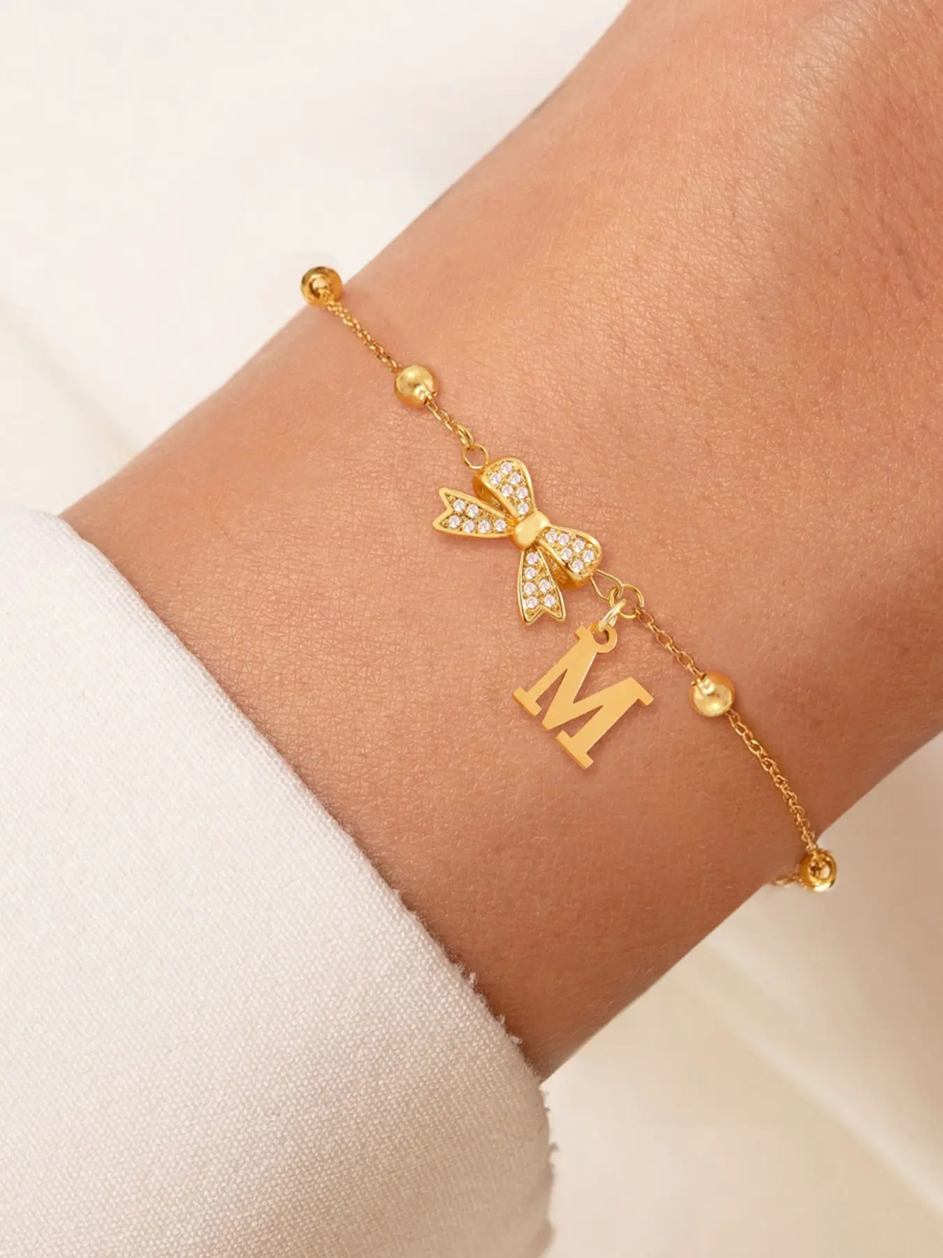 Women's Stainless Steel Bead Chain Bracelet,Zirconia Bowknot Letter Design, Casual All-Season Jewelry Accessory, Durable & Stylish