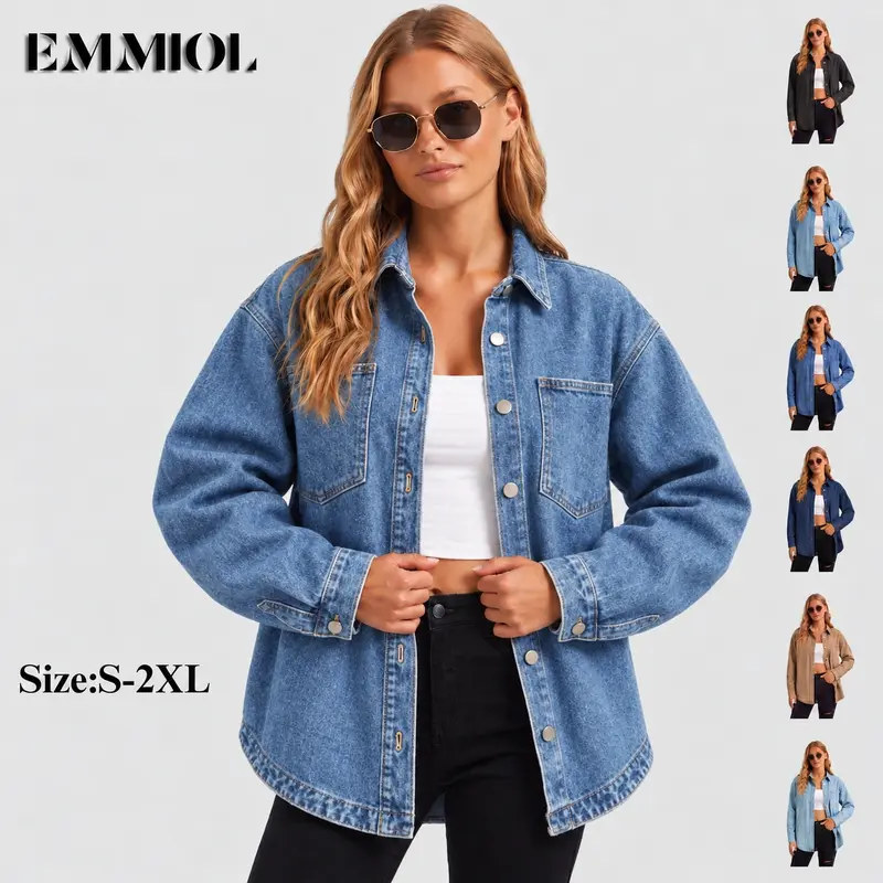 EMMIOL Women Oversized Denim Shirt Jacket Denim Shackets Long Sleeve Button Down Distressed Vintage Blue Jean Jacket Streetwear Summer Vibes Back to School Casual Basic SohoChic Womenswear